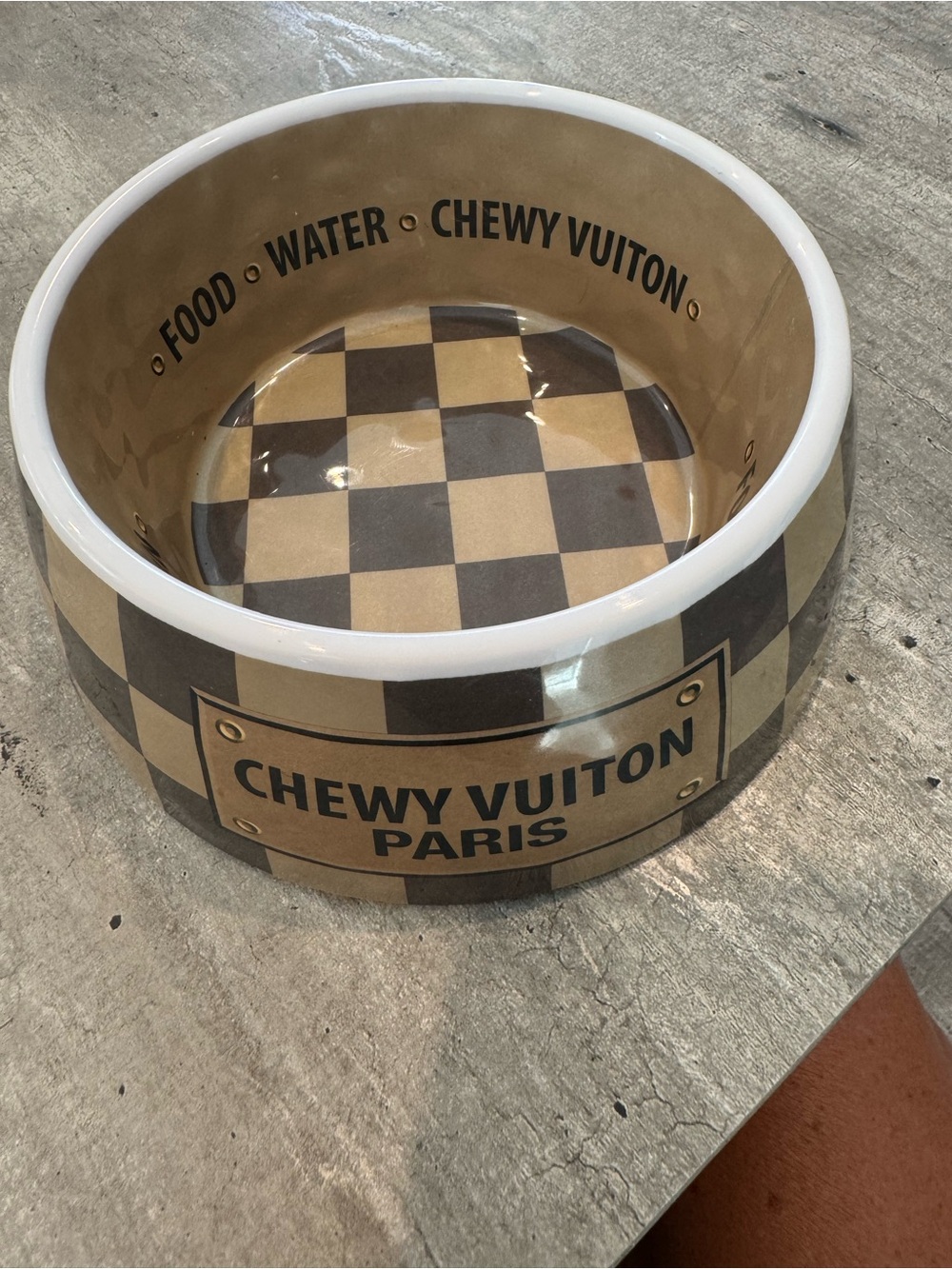 Chewy Vuiton Paris Pet Bowl - Brown Checkered Design